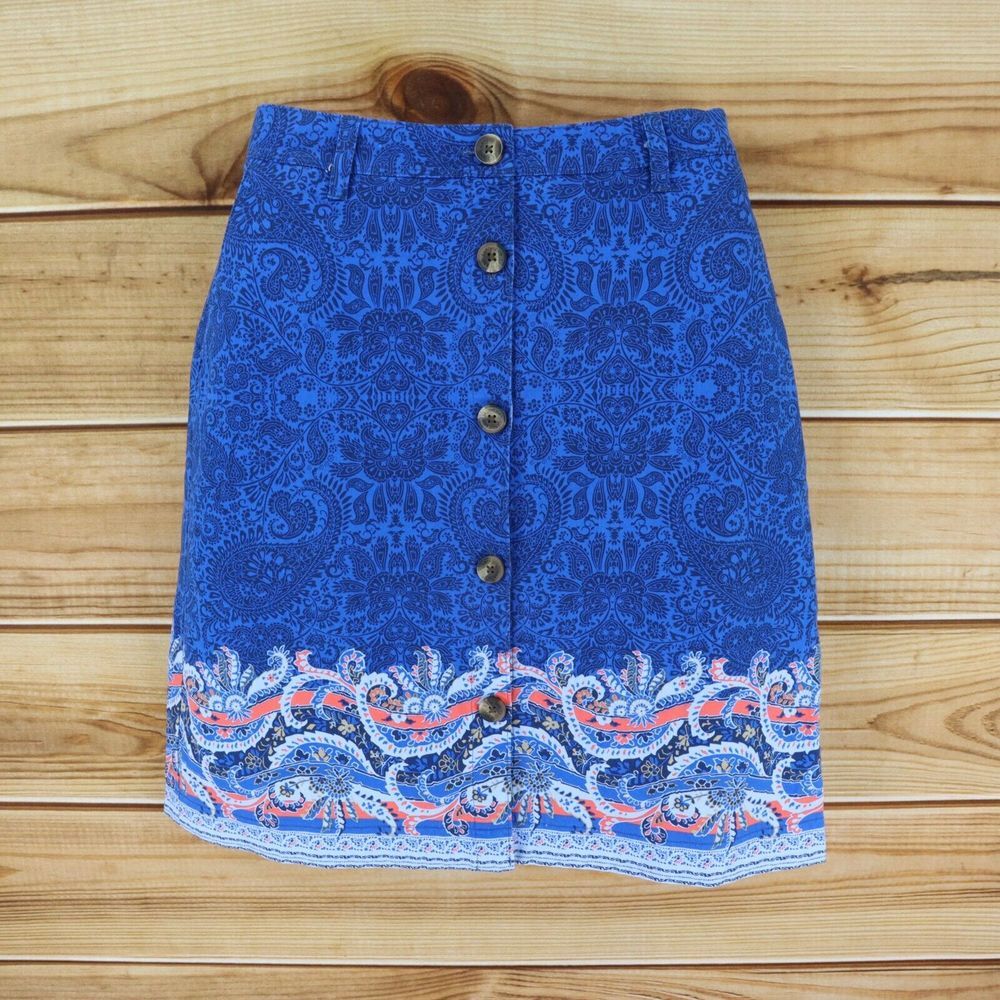 Lands' End Skirt Knee Length Button Close Womens Size‎ 2 Blue Paisley Pockets